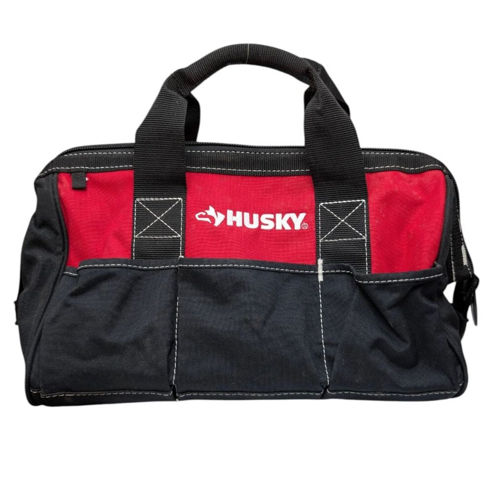 Husky Zippered Tool Bag Red Black 15 in Wide Mouth Canvas 5 Outer Pockets